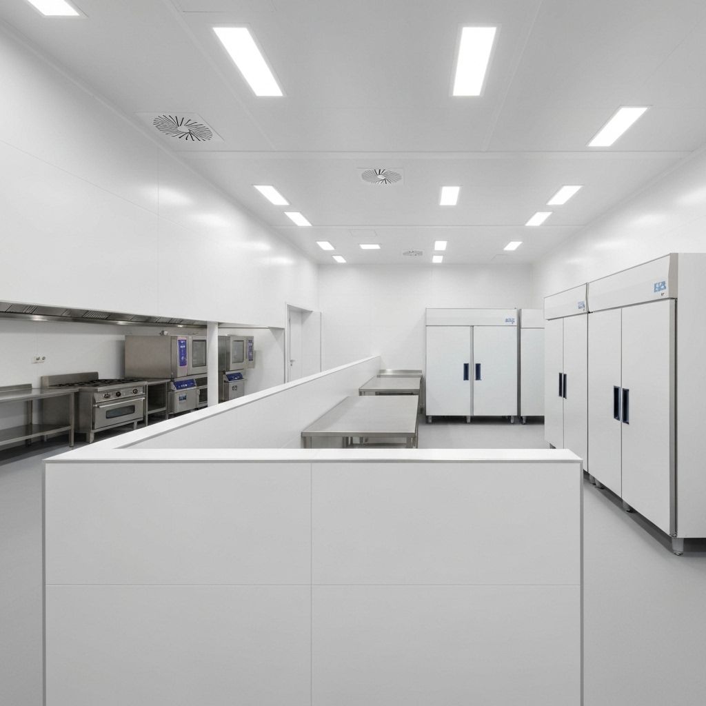 Commercial kitchen with HACCP-compliant hygienic wall cladding and professional food preparation area